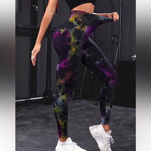 Tie dye colorful black workout wide waistband high waist scrunch butt leggings - Picture 4 of 6